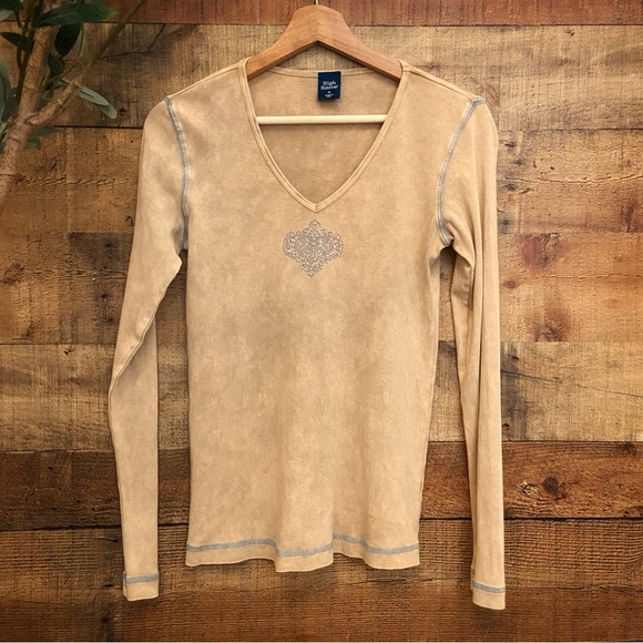 High Sierra Tan Long Sleeve Tee with Reverse Stitching + Delicate Crystals - Picture 2 of 11